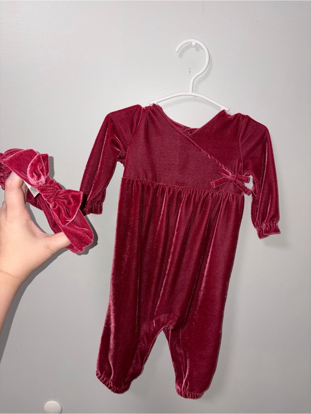 Just One You by Carters Pink Velvet Romper Crossover Bow Bodice & Headband 9M